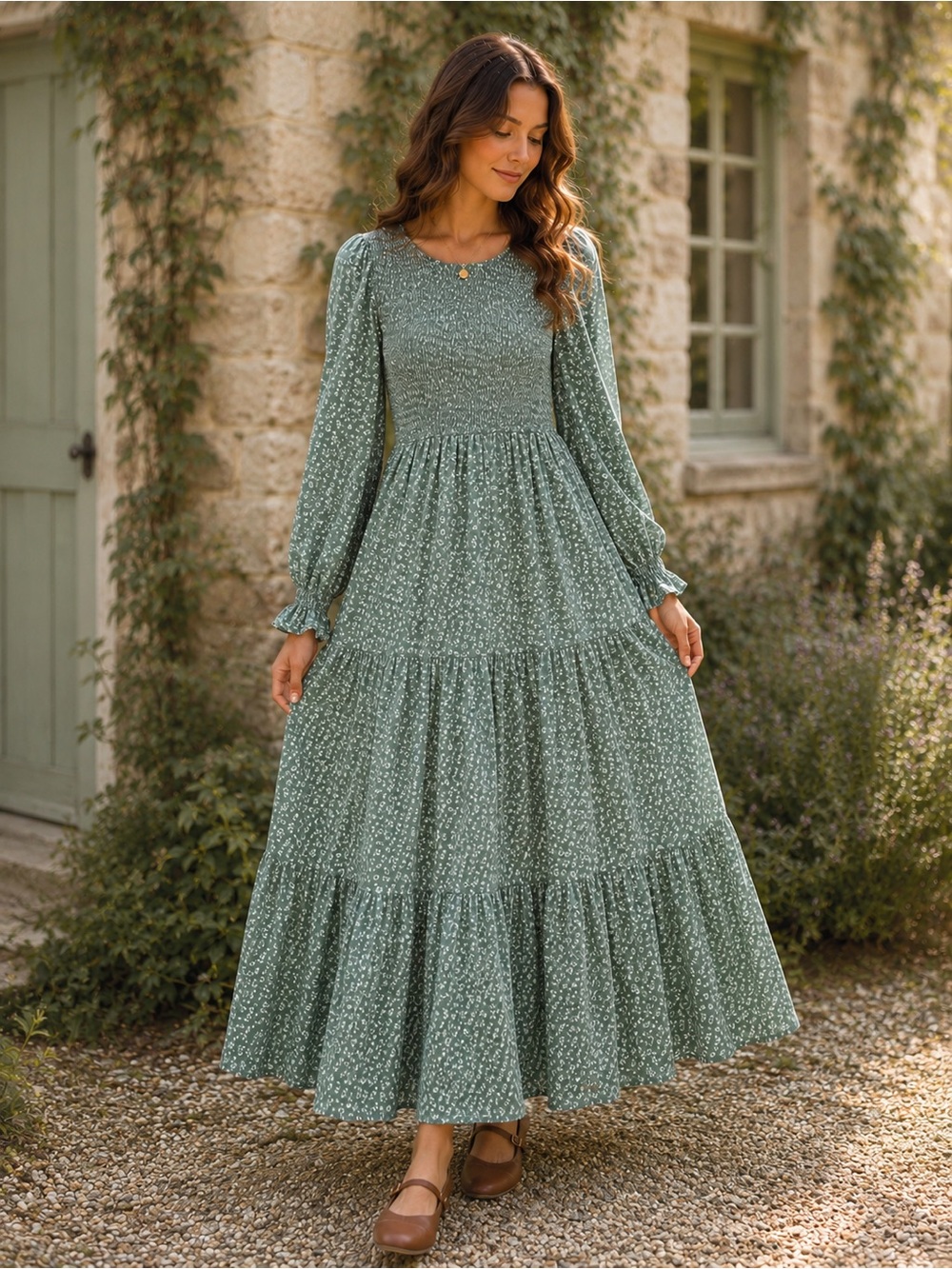 Womens Sage Floral Smocked Maxi Dress Size L Cottagecore Prairie Romantic Tiered